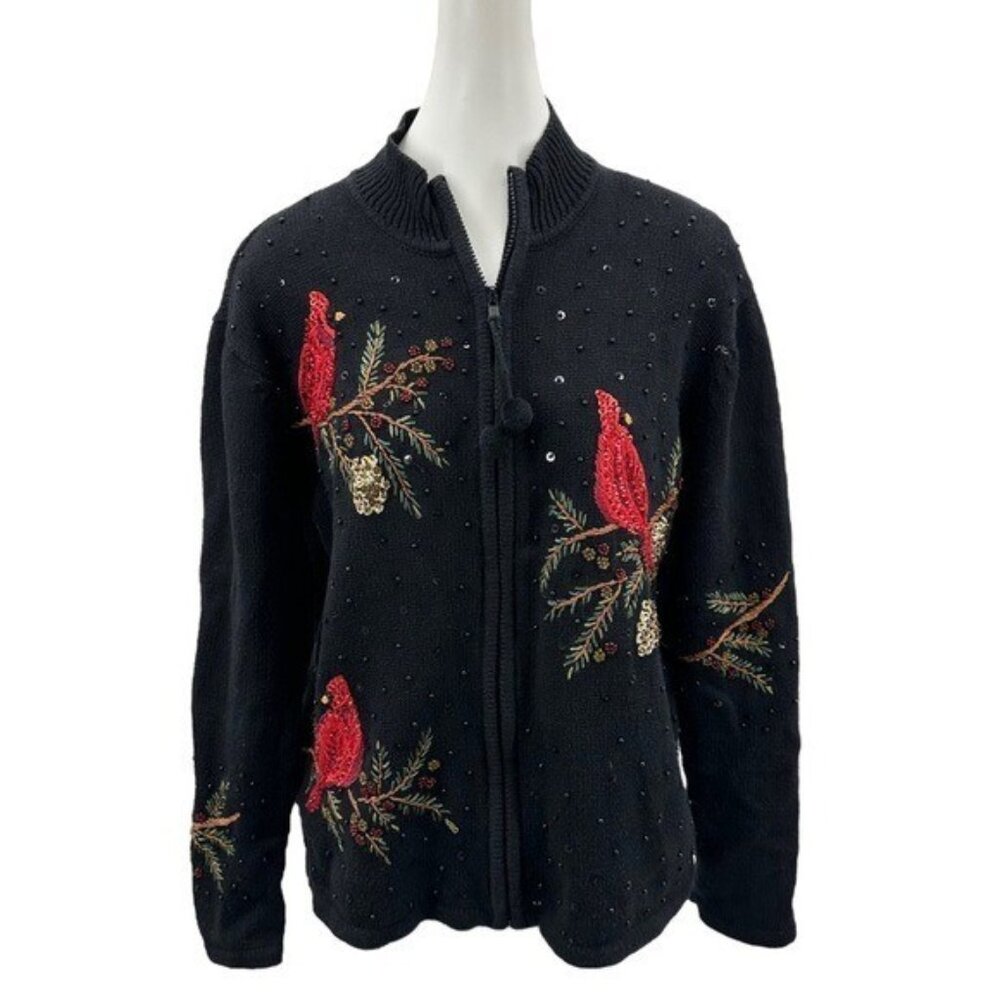 Tiara International Vintage M Cardigan Sweater Cardinal Beaded Zip Up Black Bird